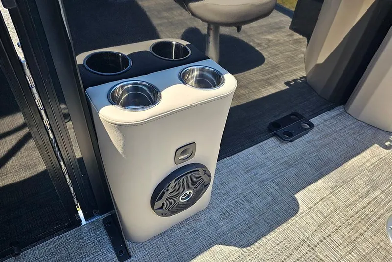 Slide: The Image of 2026 Bentley Pontoons Fish 240 4-Point cup holders and speaker detail. - 21