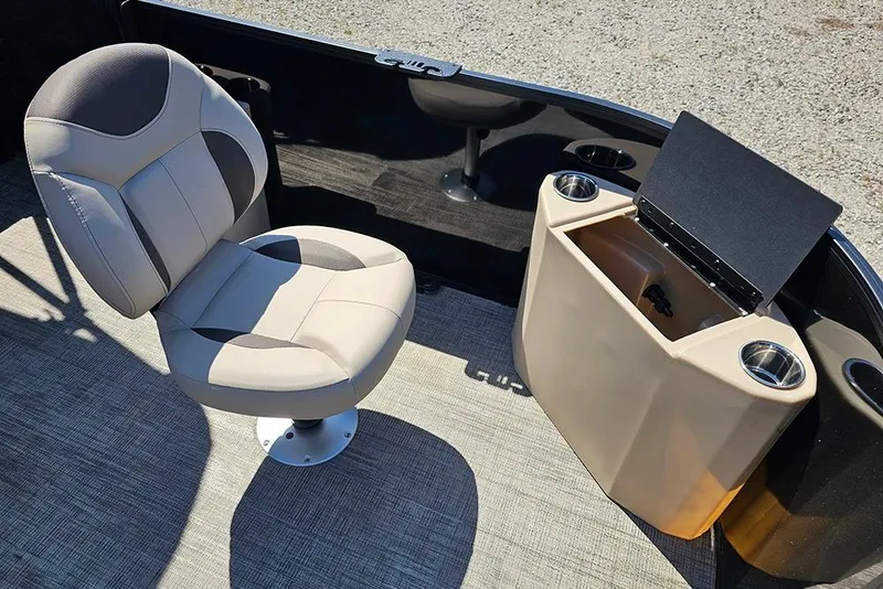 Slide: The Image of 2026 Bentley Pontoons Fish 240 4-Point interior with swivel chair and storage compartment. - 25