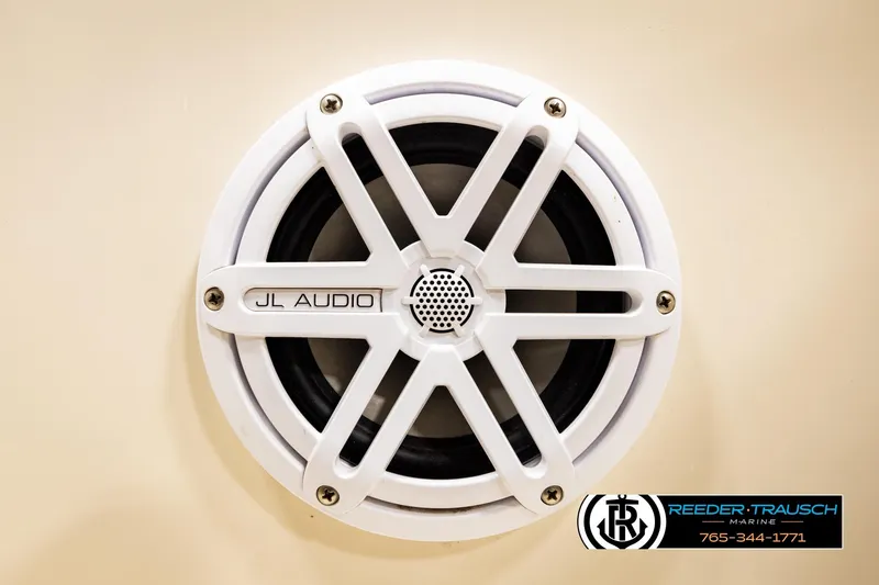 Slide: The Image of White JL Audio speaker on a 2003 Sea Ray 200 Bow Rider boat. - 47