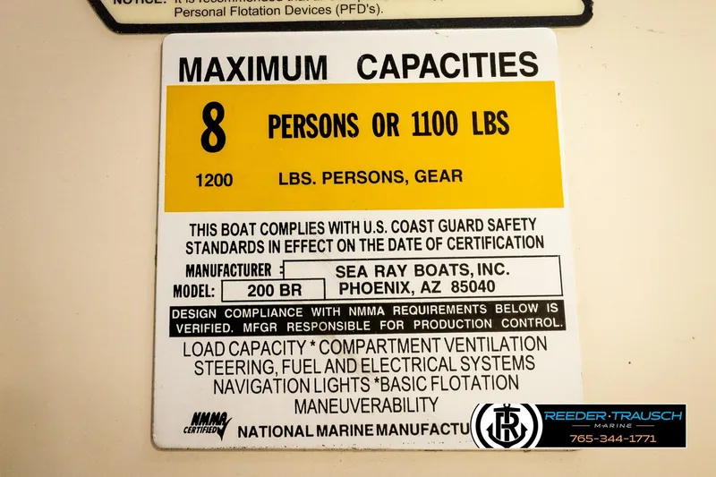 Slide: The Image of Capacity label for 2003 Sea Ray 200 Bow Rider, max 8 persons or 1100 lbs. - 63