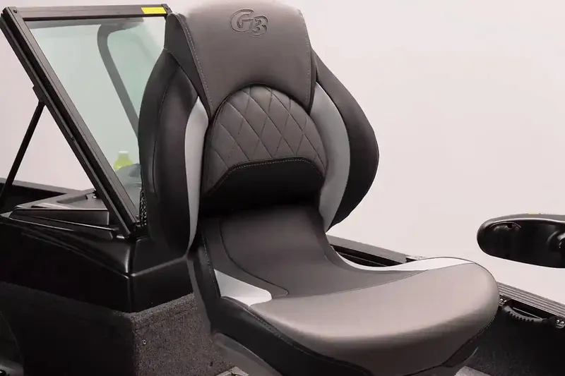 Slide: The Image of Manufacturer Provided Image: 2026 G3 Angler V18 FS boat seat, black and gray design, luxury and comfort. - 14