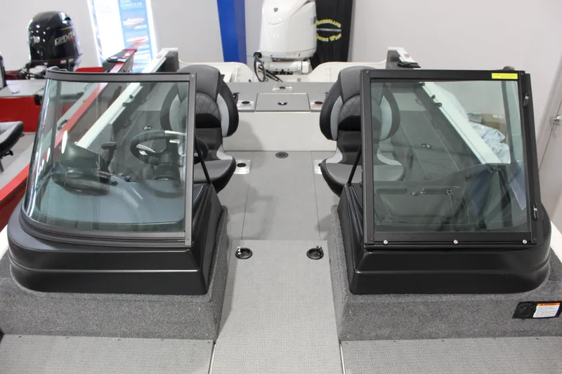 Slide: The Image of 2026 G3 Angler V18 FS boat interior with dual windshields and seating. - 7