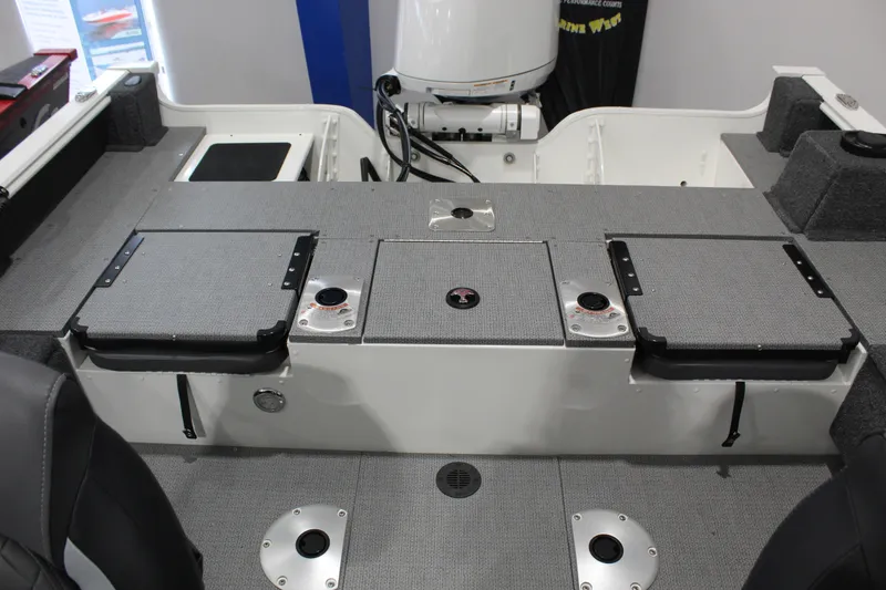 Slide: The Image of Interior view of 2026 G3 Angler V18 FS boat, featuring storage compartments and seating. - 8