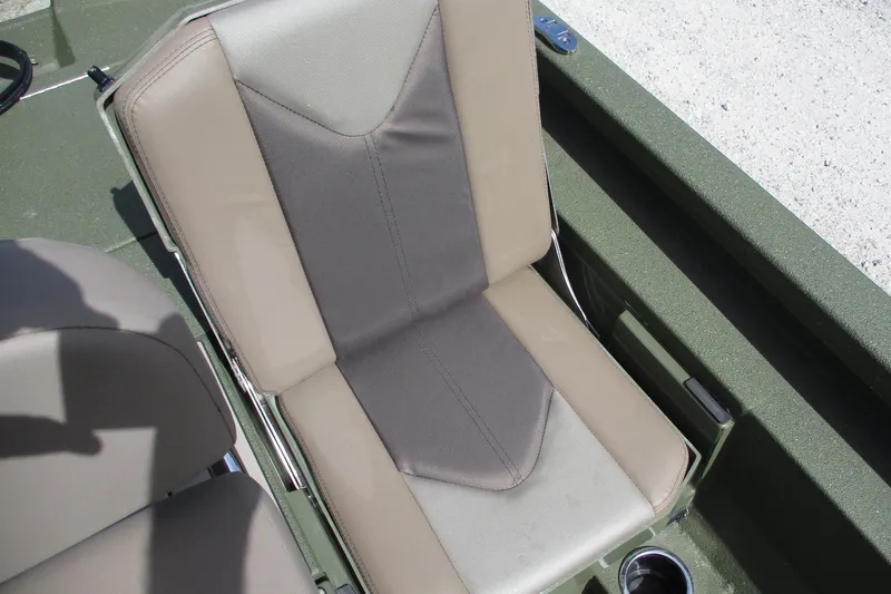 Slide: The Image of 2026 Vexus Defender 201 boat seat with beige and gray upholstery. - 8