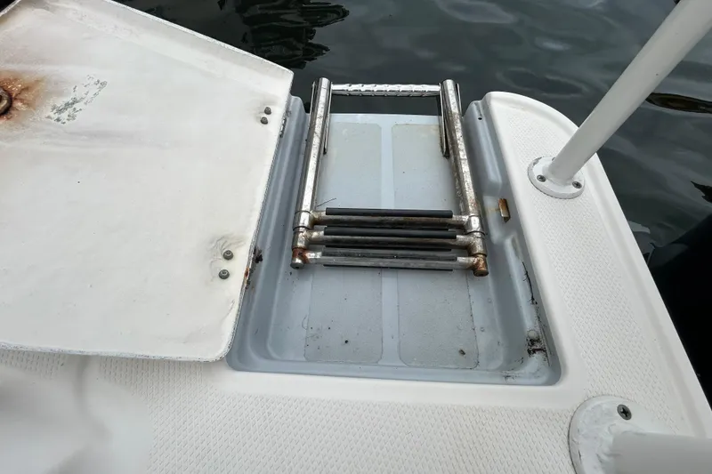 Slide: The Image of Folded metal ladder on a 2020 Chaparral 230 Suncoast boat deck. - 54