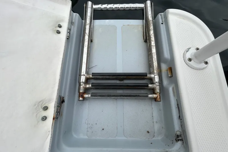 Slide: The Image of Folded metal ladder on a 2020 Chaparral 230 Suncoast boat deck. - 55