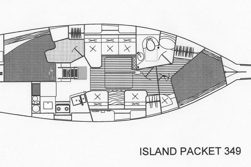 Slide: The Image of Floor plan of a 1999 Island Packet 349 sailboat, showing interior layout. - 6