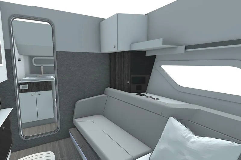 Slide: The Image of Manufacturer Provided Image: Interior of 2026 Formula 360 Crossover Bowrider I/O, featuring modern seating and cabinetry. - 6
