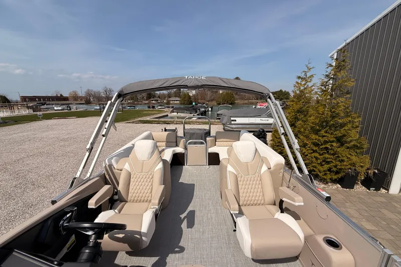 Slide: The Image of 2026 Tahoe Pontoon Cascade Quad Lounger, 25-foot boat with luxurious seating and canopy. - 13