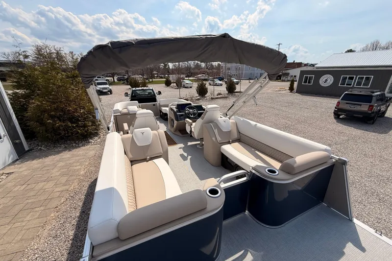 Slide: The Image of 2026 Tahoe Pontoon Cascade Quad Lounger, 25-foot boat with spacious seating and canopy. - 17