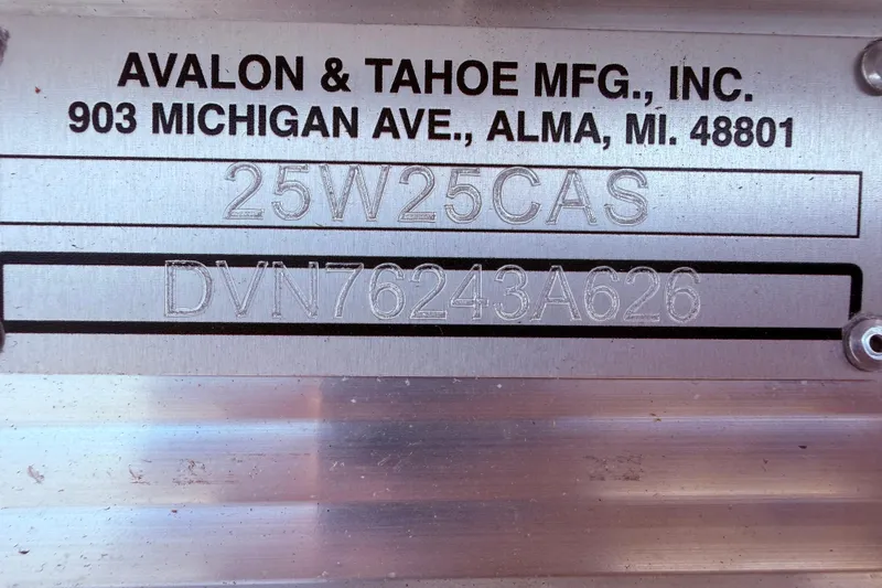 Slide: The Image of Metal plate displaying Avalon & Tahoe MFG details and serial number for 2026 Tahoe Pontoon. - 18