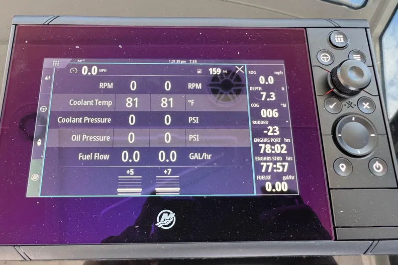 Slide: The Image of Dashboard display of 2024 Formula 380 Super Sport Crossover OB, showing engine metrics and controls. - 43