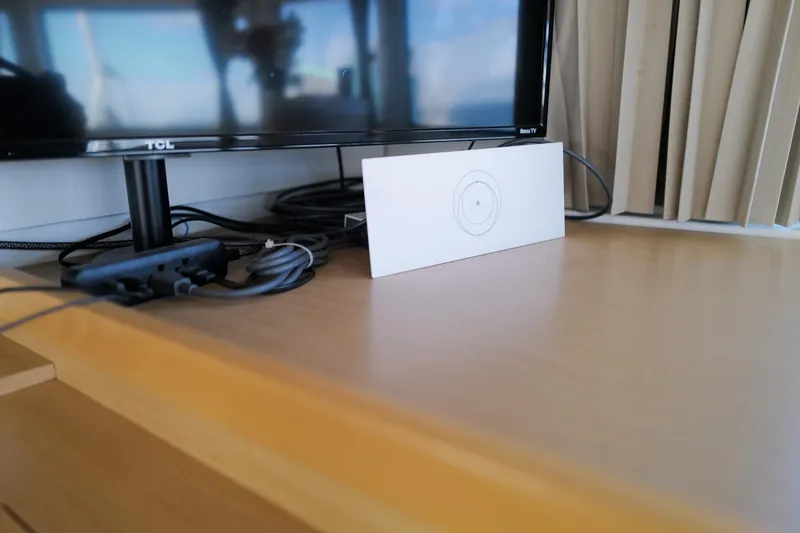 Slide: The Image of TV setup with cables on a Lagoon 42 catamaran, 2018 model. - 28