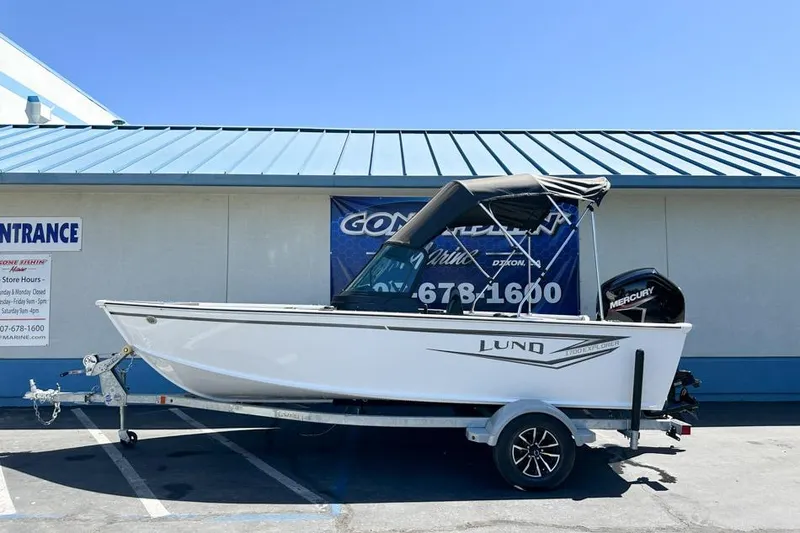 The Image of 2026 Lund 1700 Explorer Sport boat on trailer, parked outside a building. - 0