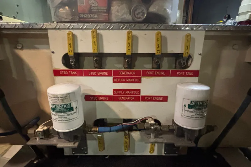 Slide: The Image of Fuel management system on a 1989 Grand Banks 46 Classic yacht. - 136