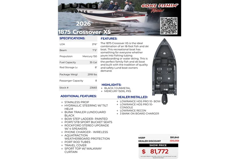 Slide: The Image of 2026 Lund 1875 Crossover XS boat brochure with specifications, features, and pricing details. - 21