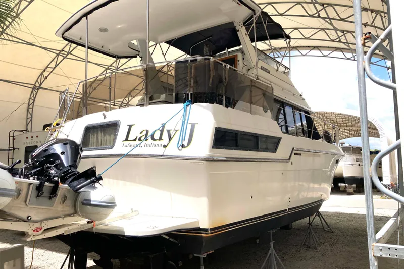 Slide: The Image of 1989 Knight & Carver 3807 yacht "Lady J" in dry dock, Lafayette, Indiana. - 3