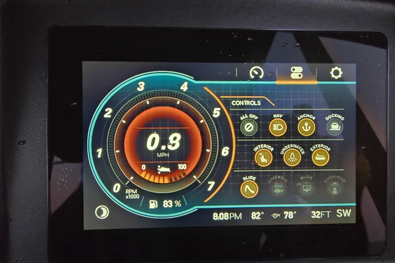 Slide: The Image of Dashboard display of 2023 Avalon Catalina 2585 CRFS Funship, showing speed, controls, and settings. - 11