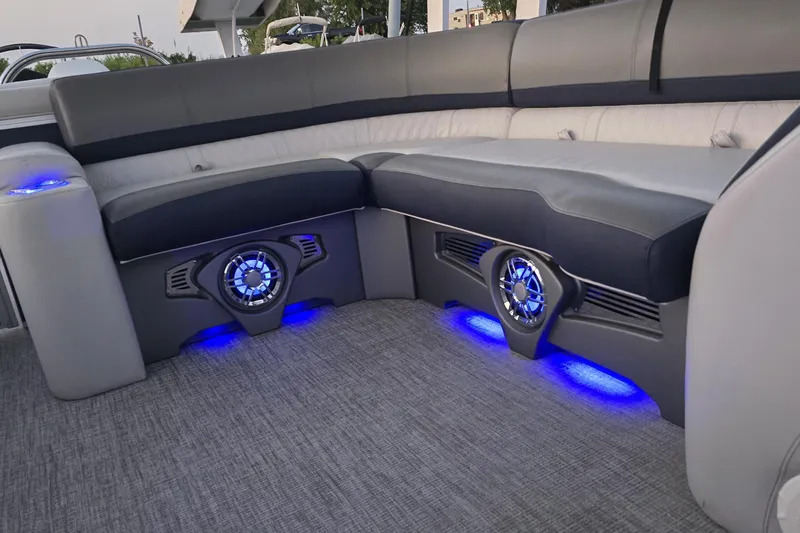 Slide: The Image of Luxurious seating with blue LED lights on 2023 Avalon Catalina 2585 CRFS Funship boat. - 16