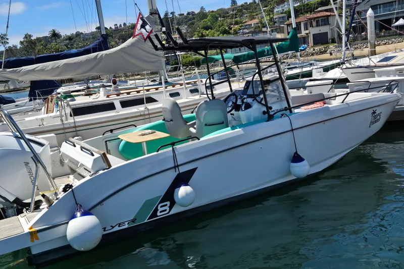 Slide: The Image of 2023 Beneteau Flyer 8 SPACEdeck boat docked in a marina, featuring sleek design and modern amenities. - 2