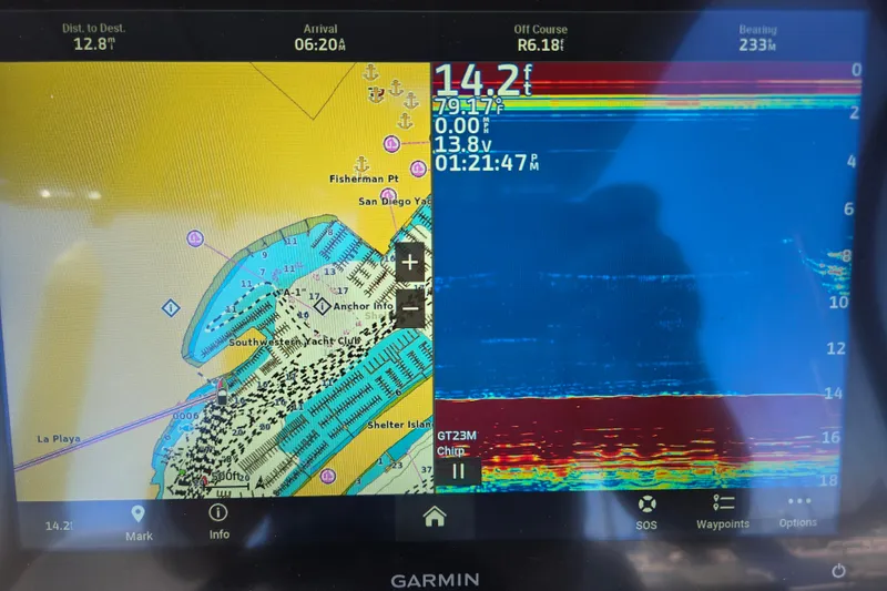 Slide: The Image of Garmin marine navigation display on 2023 Beneteau Flyer 8 SPACEdeck, showing map and sonar data. - 20