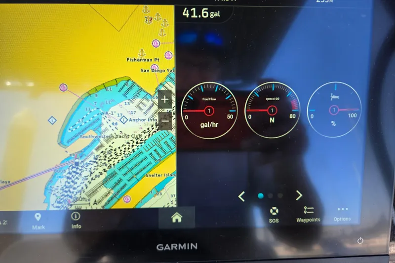 Slide: The Image of Garmin marine display on 2023 Beneteau Flyer 8 SPACEdeck showing navigation and fuel data. - 21