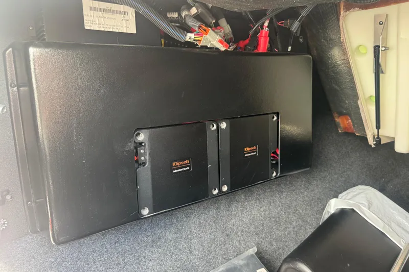 Slide: The Image of 2020 MasterCraft XStar audio system featuring Klipsch components and wiring setup. - 18