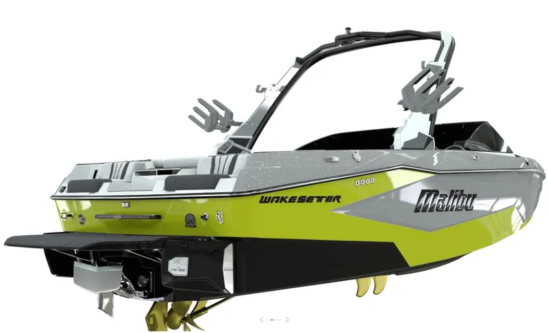 Slide: The Image of 2025 Malibu Wakesetter 22 LSV boat in vibrant green and black. - 4