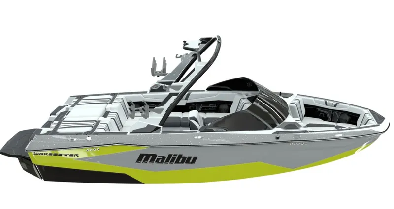 Slide: The Image of 2025 Malibu Wakesetter 22 LSV boat in gray and yellow. - 6