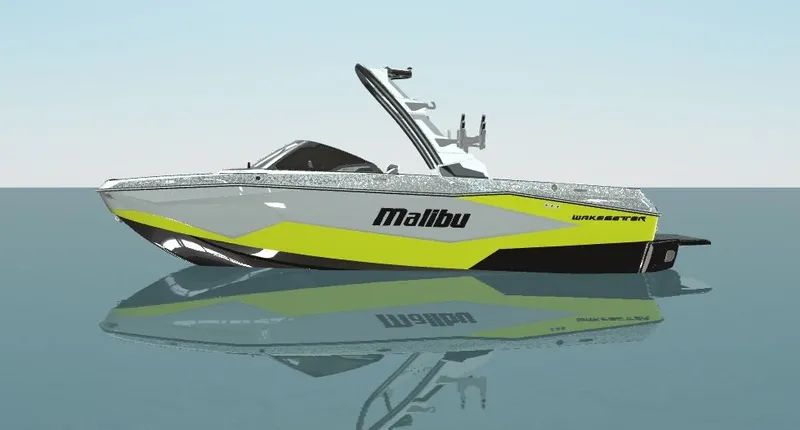 Slide: The Image of 2025 Malibu Wakesetter 22 LSV boat on calm water. - 7