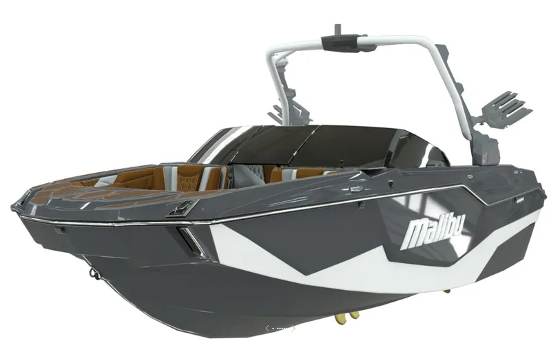 Slide: The Image of 2026 Malibu M242 boat, modern design, gray and white color scheme. - 3