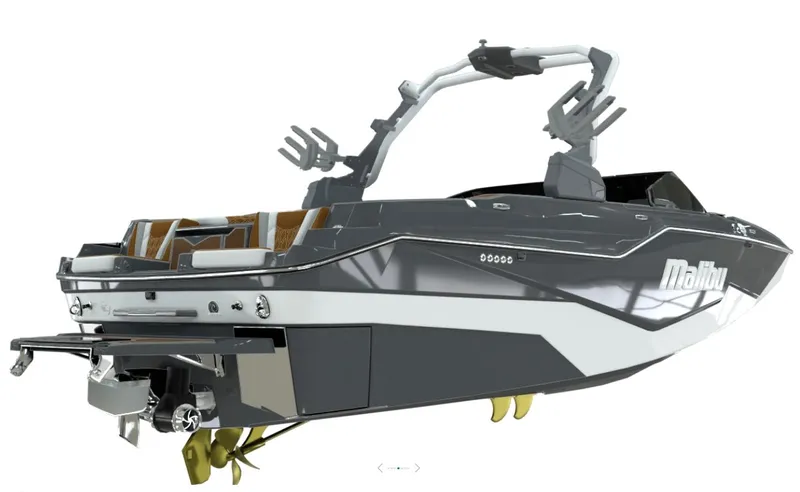 Slide: The Image of 2026 Malibu M242 boat, modern design, gray and white finish. - 5