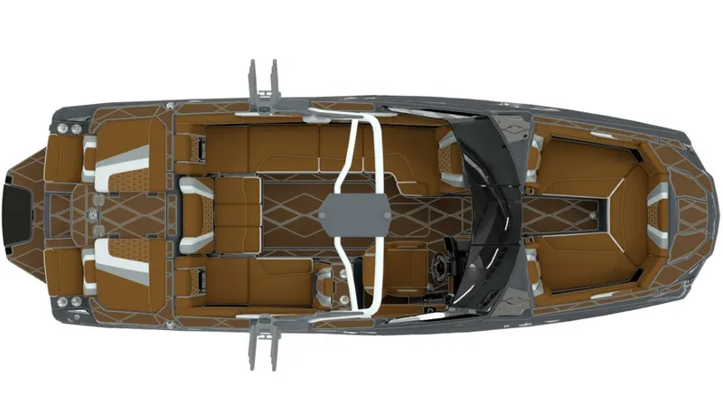 Slide: The Image of Top view of 2026 Malibu M242 boat with brown interior. - 6