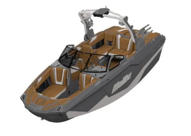 Slide: The Image of 2026 Malibu M242 boat with sleek design and brown seating. - 8