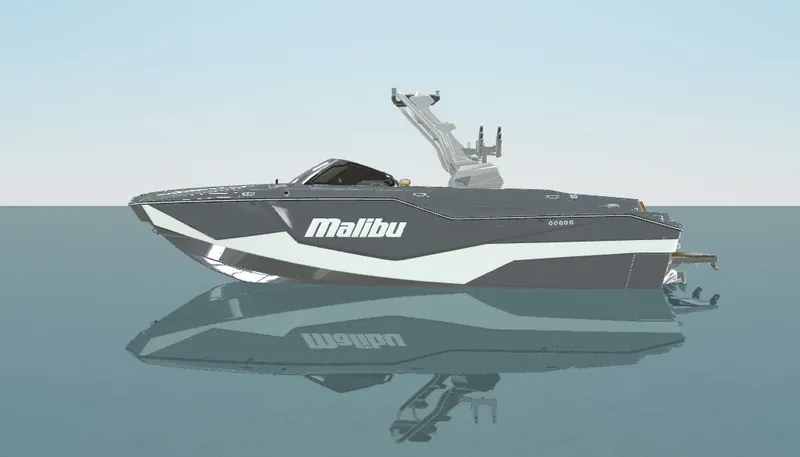 Slide: The Image of 2026 Malibu M242 boat on calm water, side view. - 9
