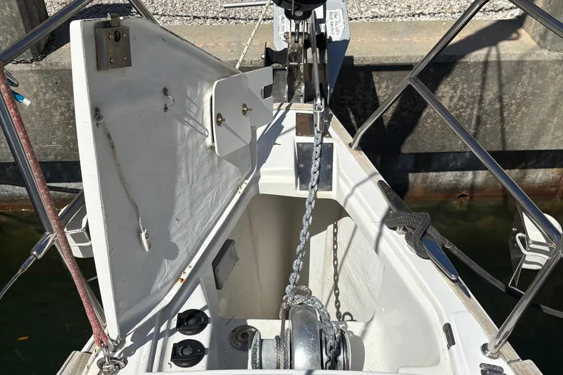 Slide: The Image of Anchor chain and winch on 2008 Wauquiez Centurion 40s sailboat deck. - 10