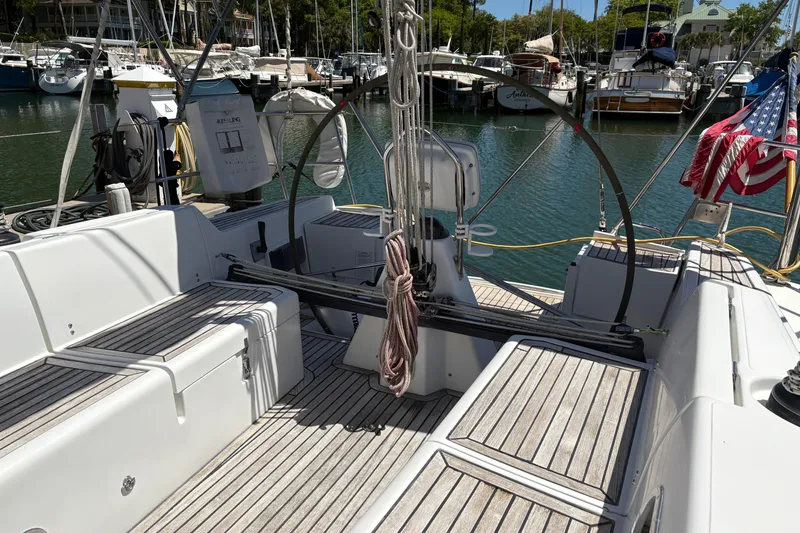 Slide: The Image of Cockpit of 2008 Wauquiez Centurion 40s sailboat docked in marina. - 17