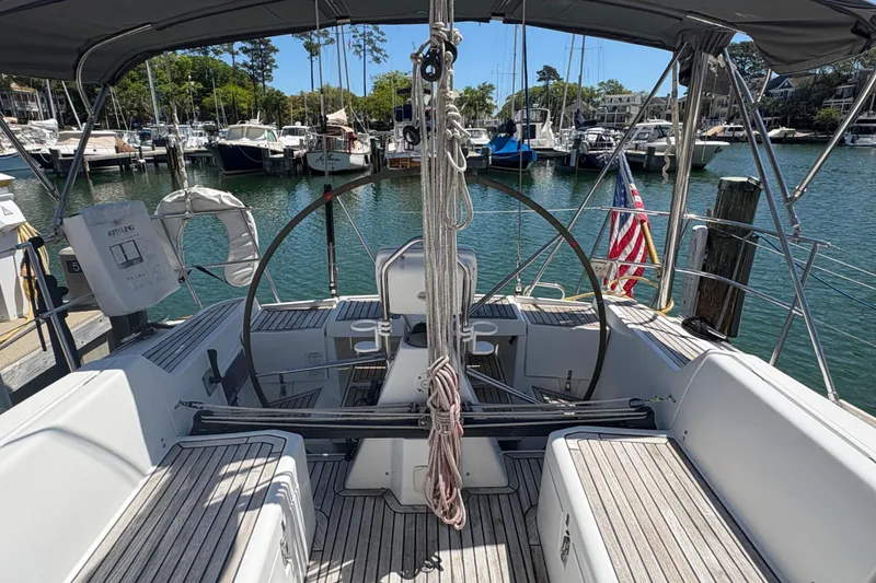 Slide: The Image of Cockpit view of 2008 Wauquiez Centurion 40s sailboat docked in a marina. - 18