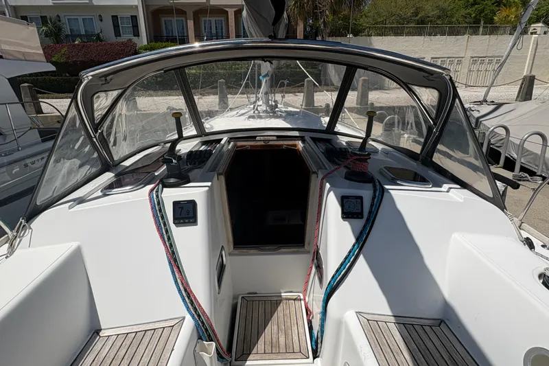 Slide: The Image of Cockpit of 2008 Wauquiez Centurion 40s sailboat with navigation instruments and winches. - 23