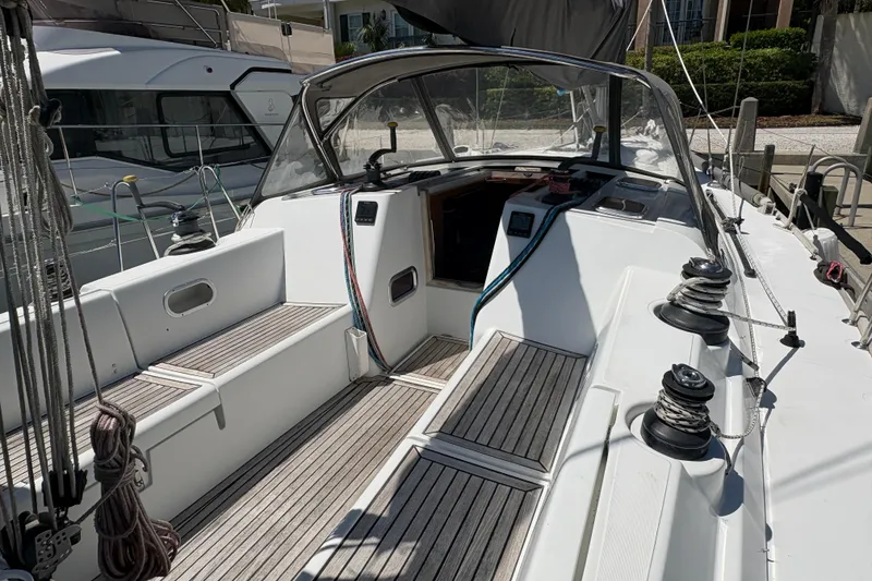 Slide: The Image of 2008 Wauquiez Centurion 40s sailboat cockpit with teak flooring and winches. - 24