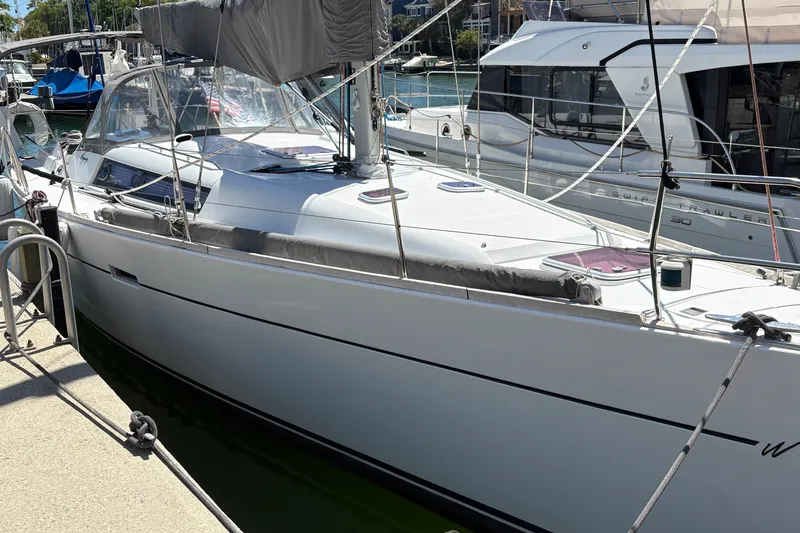 Slide: The Image of 2008 Wauquiez Centurion 40s sailboat docked in marina, side view. - 6