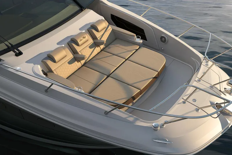 Slide: The Image of Luxurious seating on 2026 Sea Ray Sundancer 320 yacht, dockside view. - 7