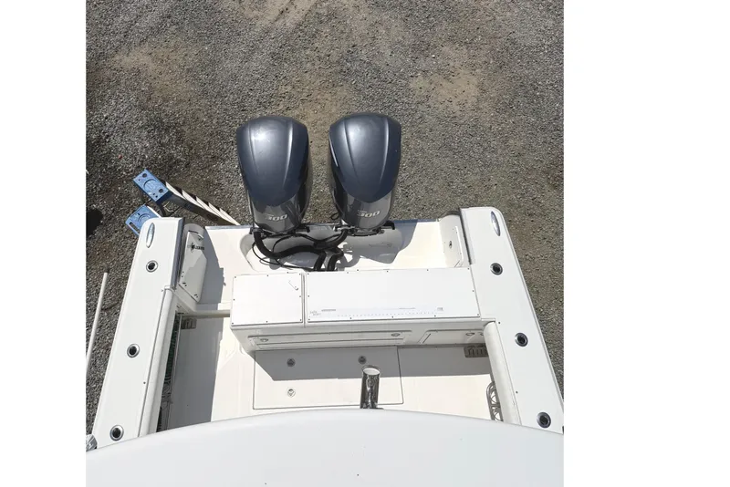 Slide: The Image of 2008 Southport 28 Tournament Express boat with dual outboard engines, viewed from above. - 20