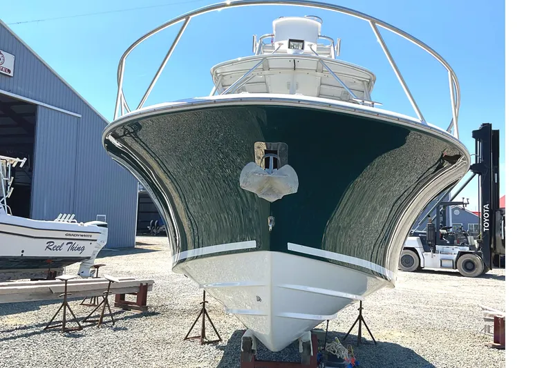 Slide: The Image of 2008 Southport 28 Tournament Express boat on dry dock, front view. - 3