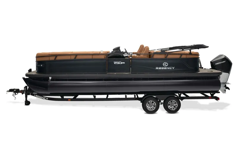 Slide: The Image of 2026 Regency 250 DL pontoon boat with canopy and Mercury outboard motor on trailer. - 3
