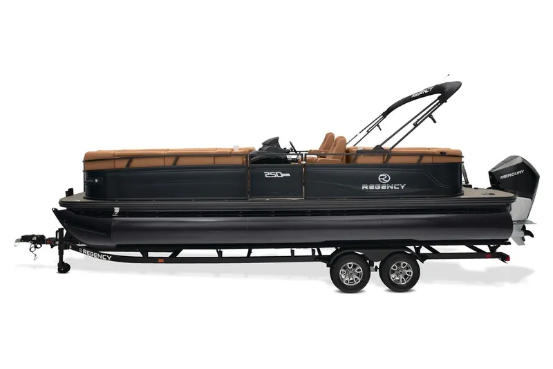 Slide: The Image of 2026 Regency 250 DL pontoon boat with canopy on trailer, parked outdoors. - 4