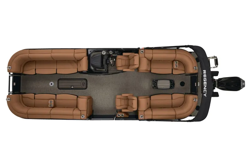 Slide: The Image of 2026 Regency 250 DL pontoon boat interior with gray seating and canopy. - 6