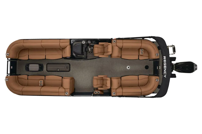 Slide: The Image of 2026 Regency 250 DL boat interior with steering wheel and seating at a boat service center. - 7