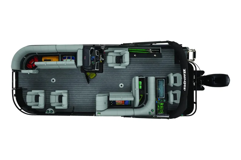 Slide: The Image of 2026 Ranger 220FC pontoon boat on trailer in parking lot. - 7