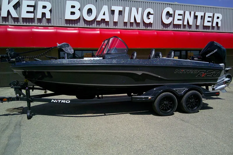 The Image of 2026 Nitro ZV20 boat displayed at a boating center, featuring sleek design and Mercury engine. - 0
